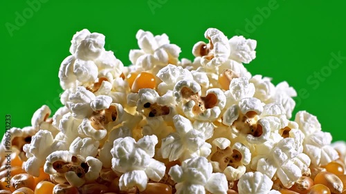 Popcorn expands against vibrant green screen concept. Close up of fresh white popcorn with golden kernels on green background for snack and food concept