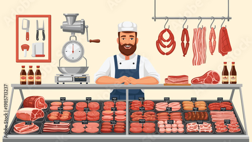 Friendly male butcher stands behind a refrigerated display counter filled with various cuts of fresh meat and sausages.
