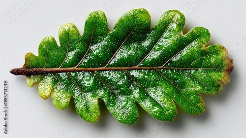 Close-Up Image of Fresh Green Oak Leaf with Water Droplets