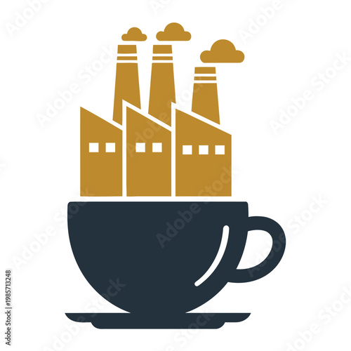 Industrial cityscape coming out of a coffee cup  pollution concept icon