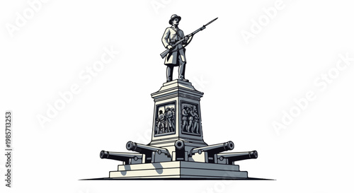 A pixelated monument depicts a soldier atop a base with cannons