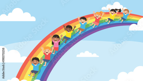 Happy children of diverse backgrounds slide down a vibrant rainbow in a bright blue sky filled with fluffy white clouds.