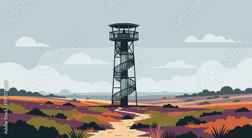 A pixelated observation tower stands tall amidst a colorful moorland landscape under a cloudy sky