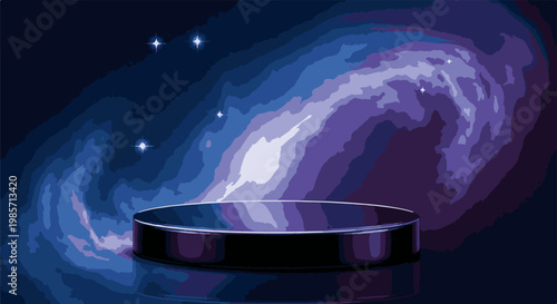 A pixelated podium sits before a vibrant, swirling galaxy under a starry sky