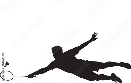 Badminton player silhouette performing a dive shot with shuttlecock badminton silhouette