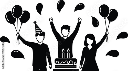 Black and white silhouette vector illustration of three friends celebrating a birthday with cake balloons and confetti expressing joy together.