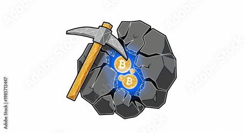 A pickaxe strikes a rock, revealing golden coins with 'B'