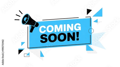 Coming soon, announcement banner, megaphone icon, blue geometric shapes