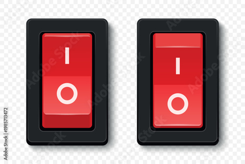 Vector 3d Red Rocker Power Switch Set. On and Off Toggle Button for Electricity Control Pane. Realistic 3d Electrical Switch Vector Illustration. Device Power Icons, Isolated