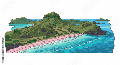 A picturesque cartoon illustration of a tropical island paradise with green hills and a pink sandy beach
