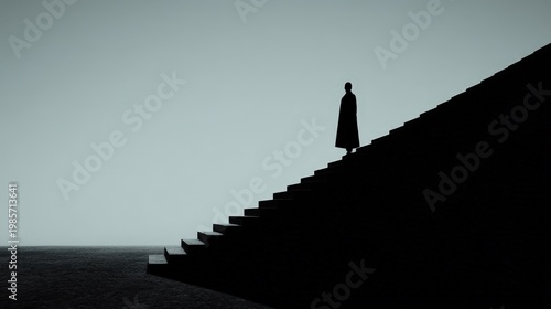 Mysterious Figure in Cloak Standing on Shadowy Stairs at Dusk