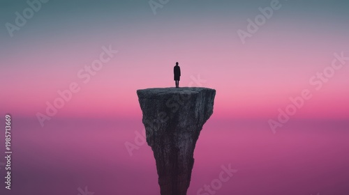Solitary Figure Standing on a Rock in a Dreamy Colorful Landscape