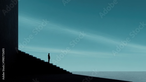 Solitary Figure on Steps Against Calm Water and Sky Background