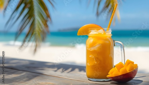 Iced mango smoothie in glass jar on tropical beach table