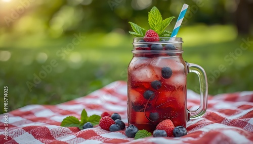 Blueberry iced tea in mason jar on picnic blanket in park