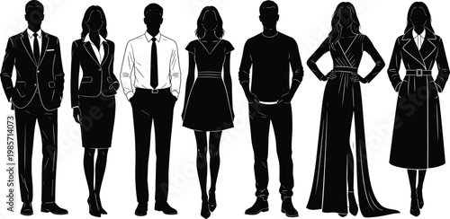 Collection of seven diverse men and women silhouettes wearing professional business casual and formal outfits with elegant white line details.