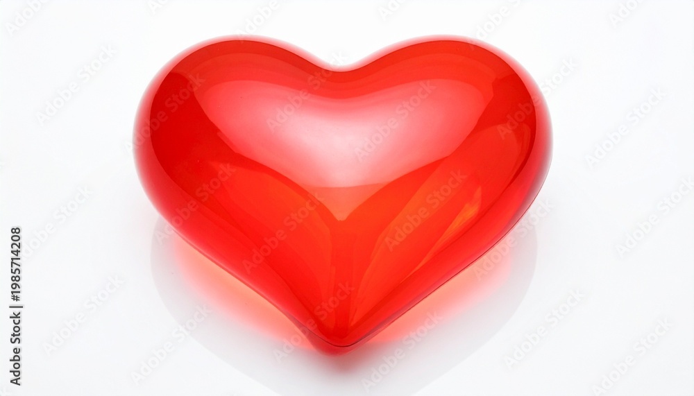 Fototapeta premium A polished, three‑dimensional red heart with reflective surfaces glows against a plain white background, symbolizing love, affection, passion, and universal emotion through symmetry, curvature, and lu