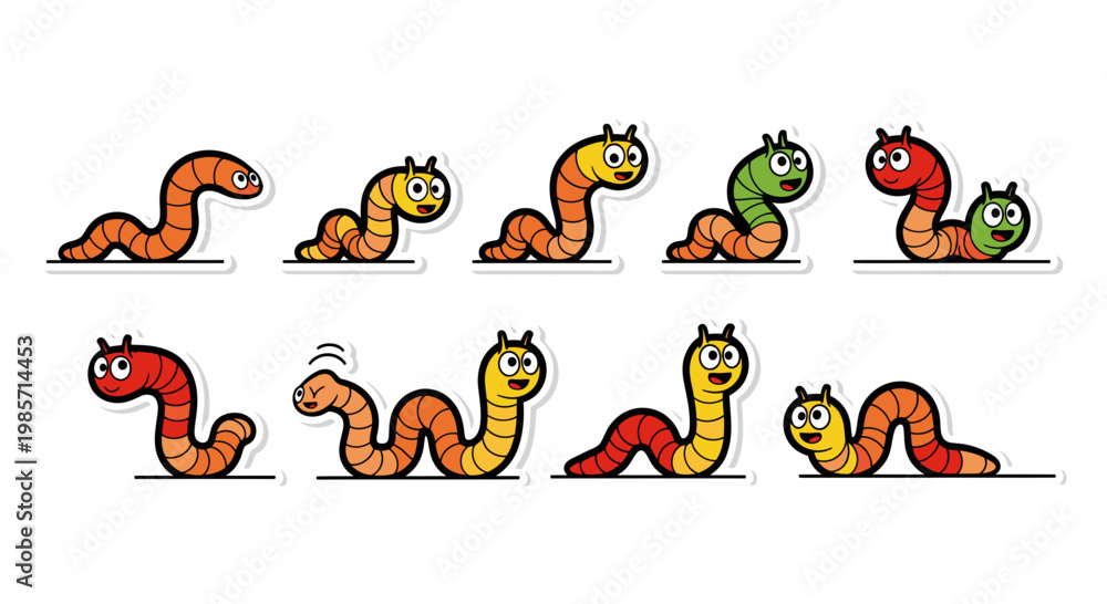 Naklejka premium Cute Cartoon Worm Character Set Vector Illustration, Playful Earthworm Mascot Poses and Expressions for Children Education, Colorful Flat Design Elements Isolated