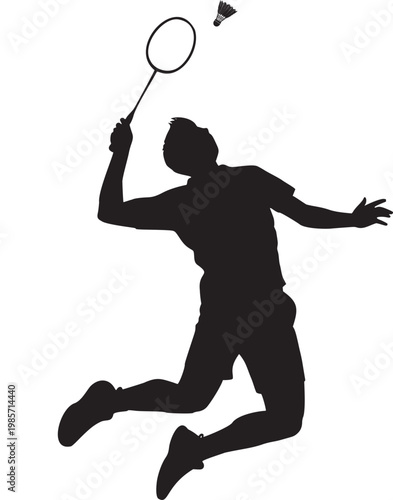 Badminton player silhouette jumping for a high smash with badminton silhouette shuttlecock