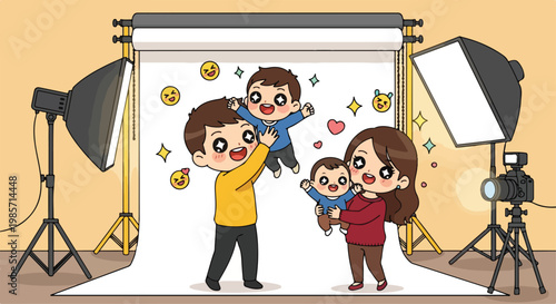 Family of three taking a fun photo in a professional photography studio with lighting equipment and backdrop