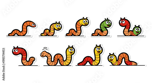 Cute Cartoon Worm Character Set Vector Illustration, Playful Earthworm Mascot Poses and Expressions for Children Education, Colorful Flat Design Elements Isolated