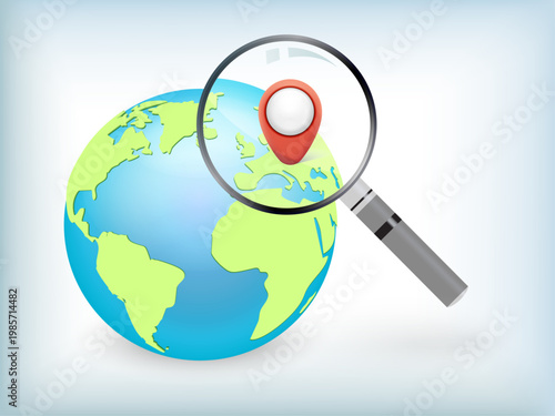 3D Earth Globe with Magnifying Glass and Location Pin. Travel Search, GPS Navigation and Destination Finder Concept Vector Icon