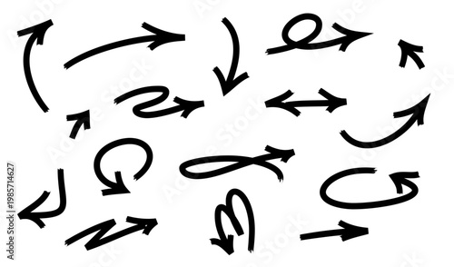 Arrow black design for set vector direction and icon symbol doodle. Line sign collection for down graphic sketch and curve element illustration. Arrow pointer isolated for set up drawing.
