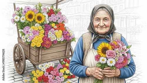 Blooming Beauty: An elderly florist stands proudly beside her charming cart overflowing with a colorful array of fresh-cut blossoms. She's holding a vibrant bouquet.