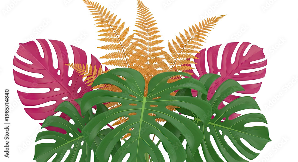 Naklejka premium Tropical Leaves Arrangement: Monstera, Fern, and Pink Philodendron