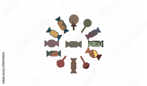 Geometric filled candy icon set with sweet confectionery and lollipop symbols for modern UI design