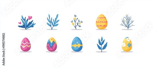 Delicate Easter Celebration Symbols in Pastel Colors with Botanical Designs on a Pristine Background