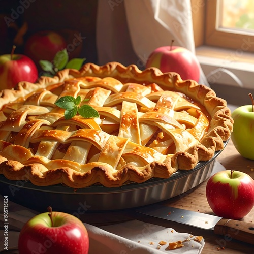 A warm apple pie with a golden crust and green leaf on a table
