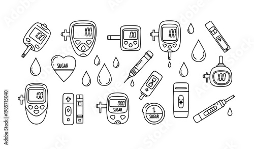Hand drawn blood sugar glucose outline icon collection with diabetes monitoring and test symbols for medical UI design