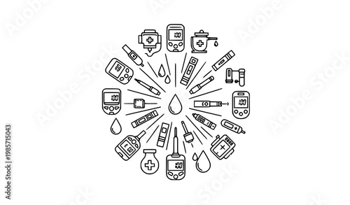 Geometric blood sugar glucose outline icon set with diabetes monitoring and medical test symbols for healthcare design