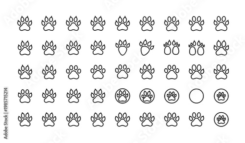 Minimal paw print line icon set with pet footprint and animal paw symbols for web and mobile UI design