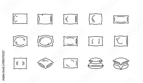 Minimal pillow line icon set with soft cushion and sleep comfort symbols for web and mobile UI design