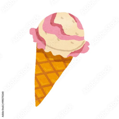 Colorful ice cream cone with pink and beige swirled scoops on a crispy golden waffle cone