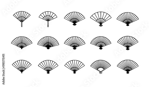 Minimal folding fan line icon set with Japanese and Chinese traditional fan symbols for cultural and decorative design