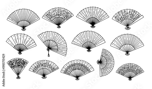 Hand drawn folding fan icon collection with traditional Japanese and Chinese cultural fan symbols for decorative design