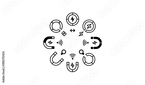 Geometric MagSafe icon set with magnetic wireless charging and snap connection symbols for modern tech UI design