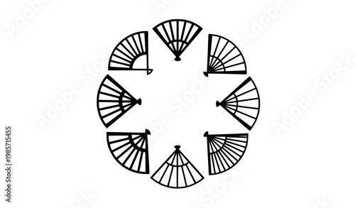 Geometric folding fan icon set with traditional Asian and Spanish decorative fan symbols for cultural design
