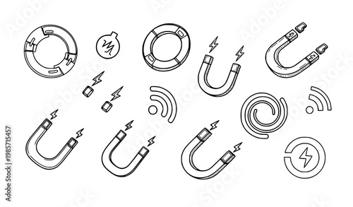 Hand drawn MagSafe icon collection with magnetic charging and wireless connection symbols for tech UI design