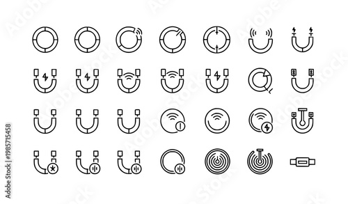 Minimal MagSafe line icon set with magnetic wireless charging and snap connection symbols for UI design