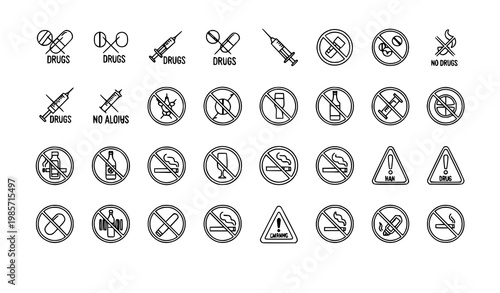 Substance abuse prevention icon set with no drugs and no alcohol prohibition symbols for public safety design