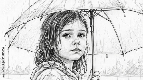 Girl with umbrella in the rain: A young girl, sheltering beneath an umbrella in a downpour, her face revealing a blend of solitude and contemplation.