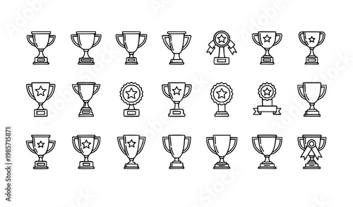Minimal trophy line icon set with editable stroke winner cup and award symbols for web and UI design