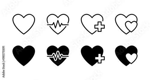 Heart Icon Set Line Solid Medical Love Symbol