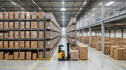 A modern warehouse interior with tall storage racks full of cardboard boxes, clean industrial space and organized inventory management layout, ultra-realistic, no logos.