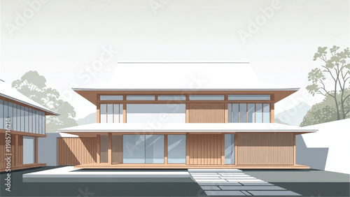 Modern Japanese style house with wooden exterior and large windows on two levels.