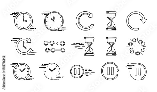 Hand drawn delay icon collection with loading waiting and buffering symbols in editable stroke style